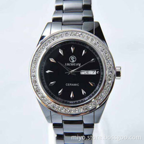 Ceramic Unisex Wristwatch with week/Date Functions, CZ Stones, Wholesales, OEM and ODM are Welcome